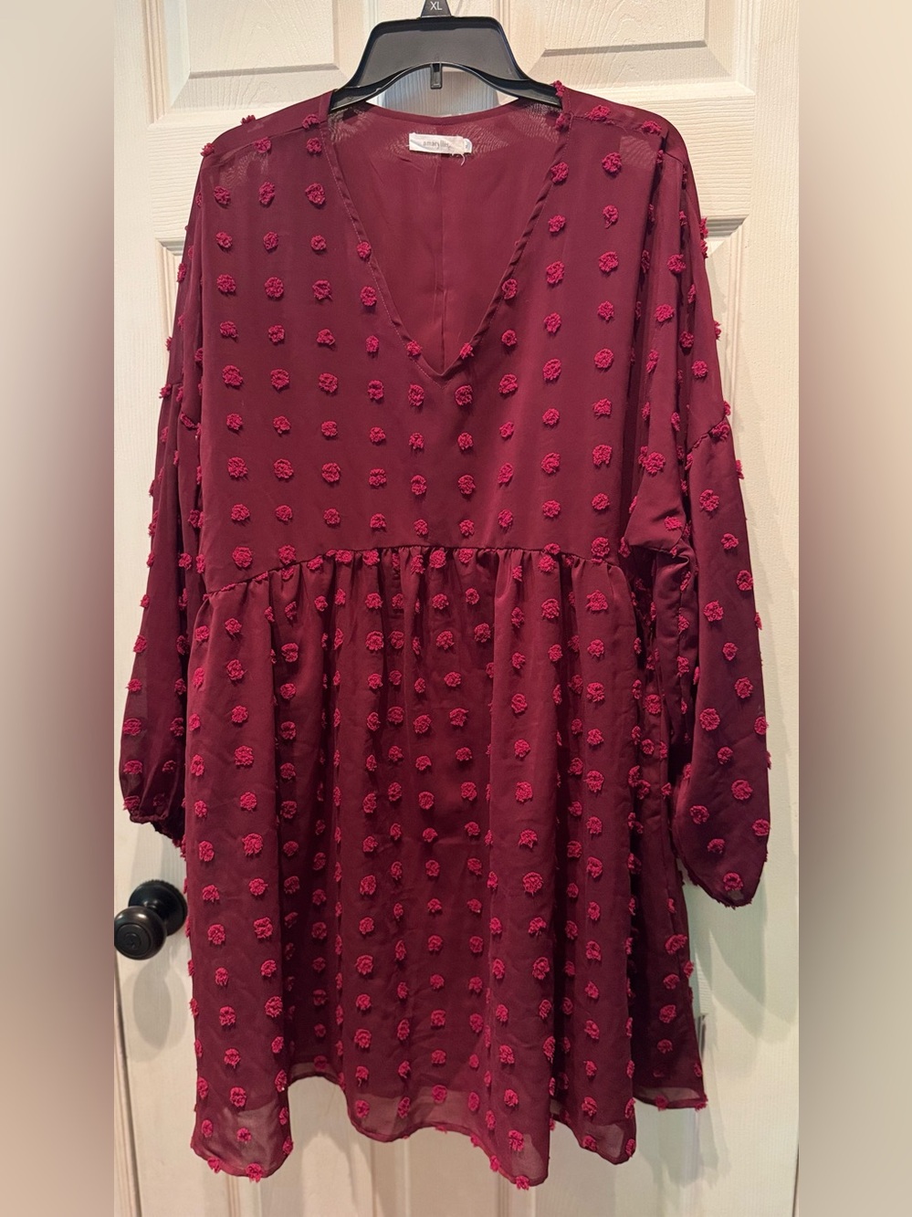 Women’s Amaryllis Puff Sleeve Swiss Dot Wine Red V‑Neck Baby doll Mini Dress XL